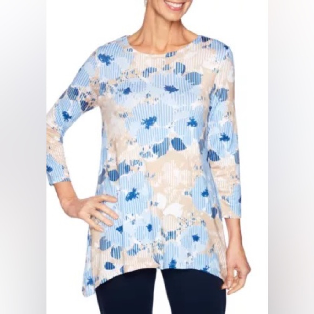 Ruby Rd Floral Illusion Shark Bite 3/4 Sleeve Top, Size Large